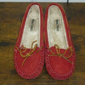 Minnetonka Red Leather Loafers w/Faux Fur Footbed